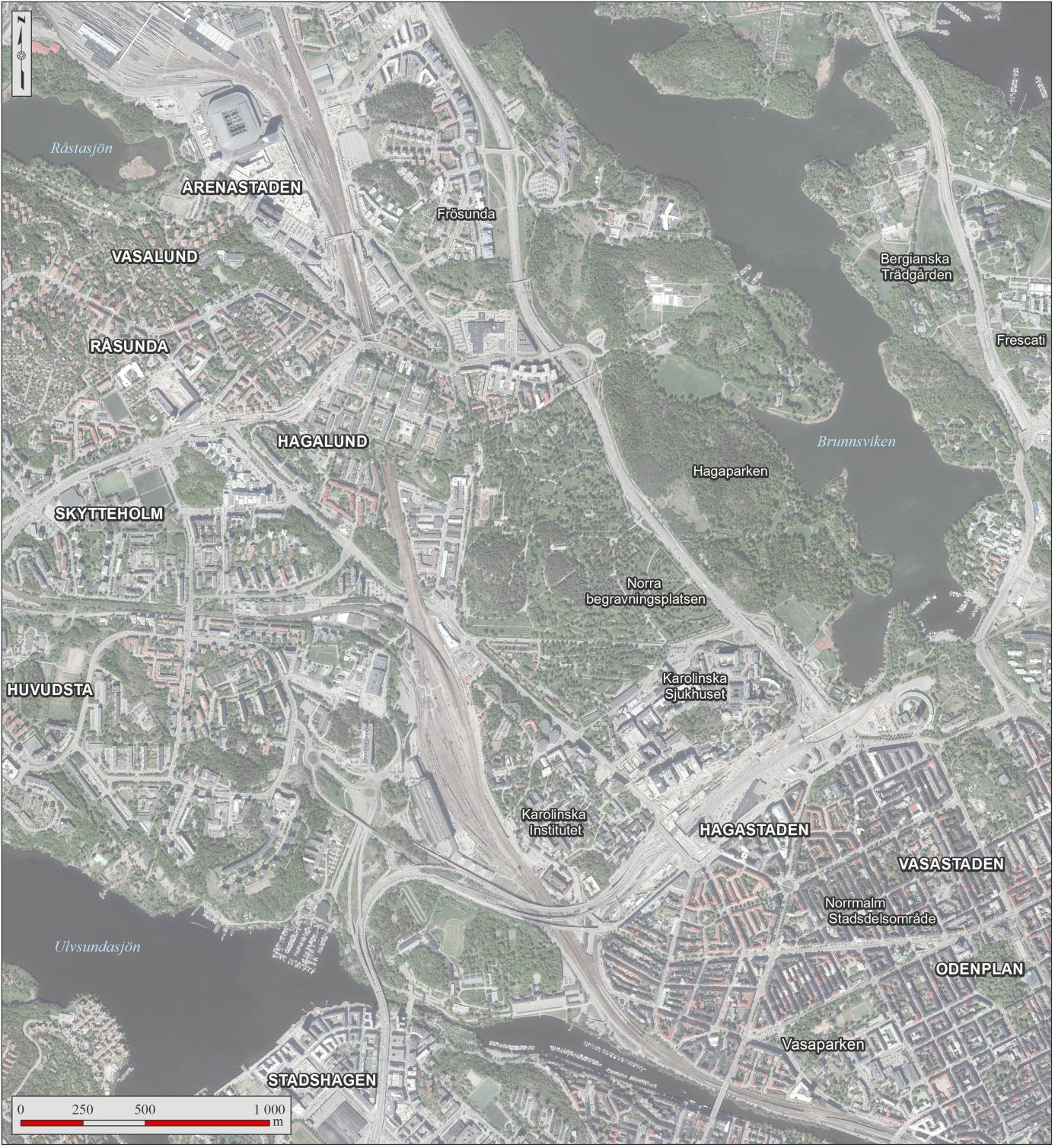 Figur 9. Översiktlig karta som visar aktuella områden. 4.1.2.2 Solna Stad Arenastaden och en del av Hagastaden ligger i Solna stad.