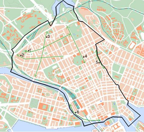 Figur 17. Gröna stråk i stadsbilden, nummer 2 stråk längs med Karlsbergsvägen (Parkplan Norrmalm). Odenplan Hagastaden djup Korridoren passerar djupt under delar av Östra Vasaparken (A).