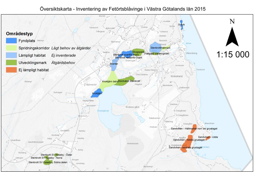 Karta 2. Översiktskarta över Krokstrandsområdet. Här redovisas fyndplatser, spridningskorridorer och möjliga habitat.