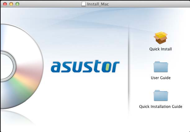 4.1.2. Mac-användare Sätt installations-cd:n i datorns CD-fack och välj Snabbinstallation från CD-menyn för automatisk körning. Installtionsguiden installerar ASUSTOR Control Center på datorn.