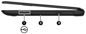 Höger sida Komponent Beskrivning (1) USB 2.0-portar (2) Anslut en extra USB-enhet, t.ex. tangentbord, mus, extern diskenhet, skrivare, skanner eller USB-hubb. OBS!