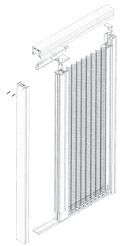 Sol- och insynsskydd Myggnät till utåtgående altandörrar Skenor i vitlackerad aluminium. Nät av plisserande genomsiktlig väv. Tröskel i grå plast.