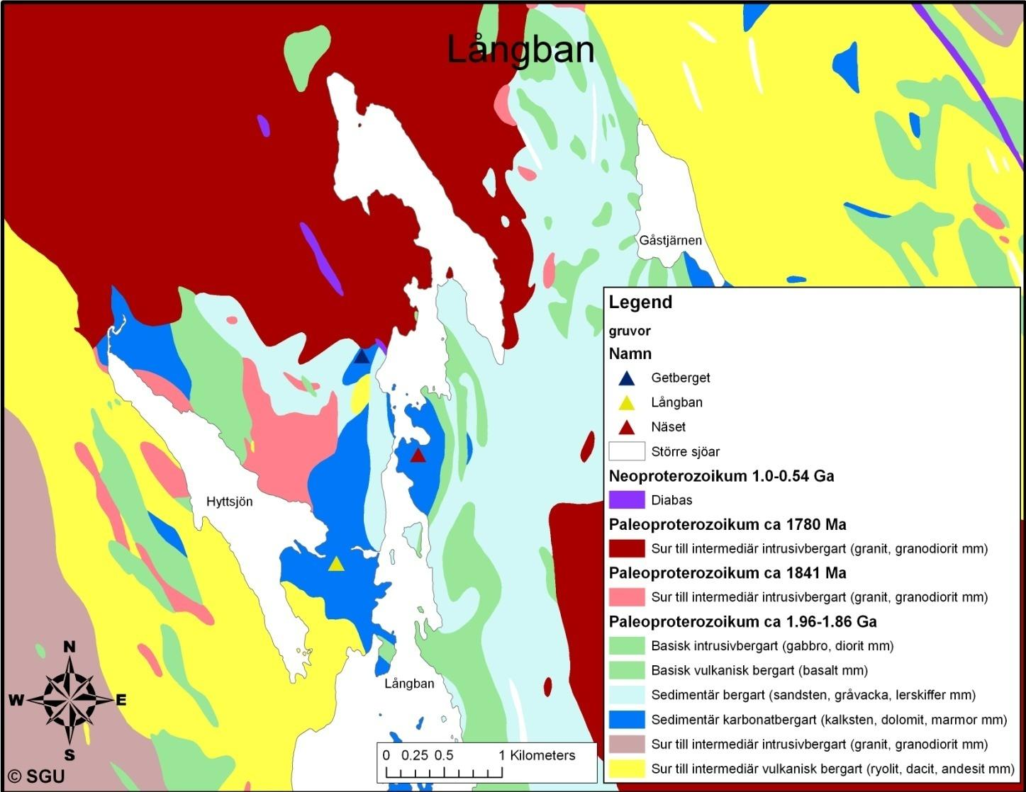 Figur 3: Geologisk karta över Långban (GISdata från