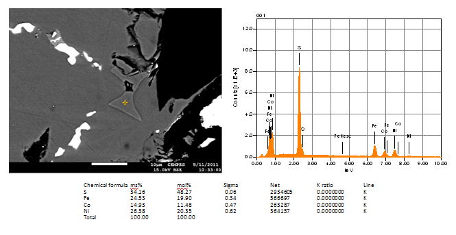 Figur 11: Backscattered image på Co-pentlandit samt resultat från mikrosond, Näset Figur 12: Magnetkis (po,
