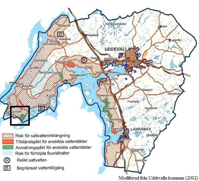 Figur 6. Områden med risk för saltvattenpåverkan i Uddevalla kommun (Uddevalla kommun, 2002). Området i den svarta fyrkanten är Munkeby.