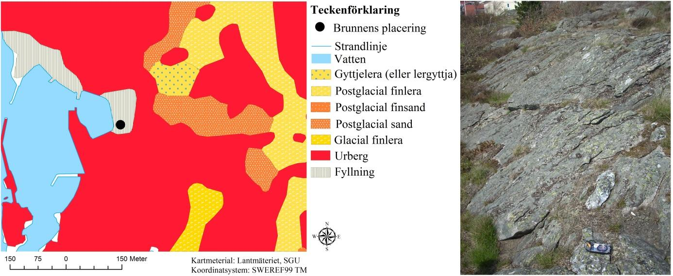Figur 23. Jordartskarta för Bohus-Björkö hamn samt bild på berggrunden i närområdet. (Egen karta efter kartmaterial från Lantmäteriet och SGU, privat foto). 4.2.2 - Resultat och analys Kontinuerlig mätning Den kontinuerliga mätningen startade 2015-04-10 och fortsatte fram till pumptestet 2015-05- 11.