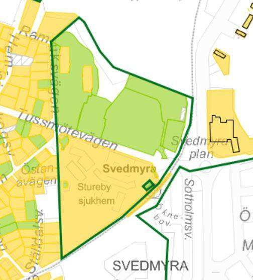 Stockholms stadsmuseums klassificering av området samt dess delar, utförd 2008. Grön markering innebär bebyggelse eller område av särskilt kulturhistoriskt värde.