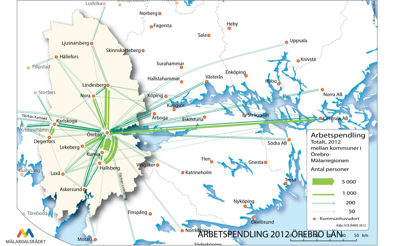 Karta 1: Mellankommunal pendling Örebro län, 2012. Ser man då till vart människor pendlar, framgår av Karta 1 att det finns två viktiga noder i Örebro län; Örebro och Karlskoga.