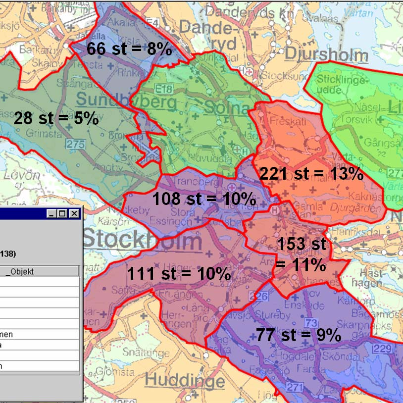 Uppskattad risk för samtidiga larm Nedanstående bild visar resultatet av en uppskattning av risken för samtidiga larm i respektive distrikt utifrån insatsstatistiken för år 2001*.