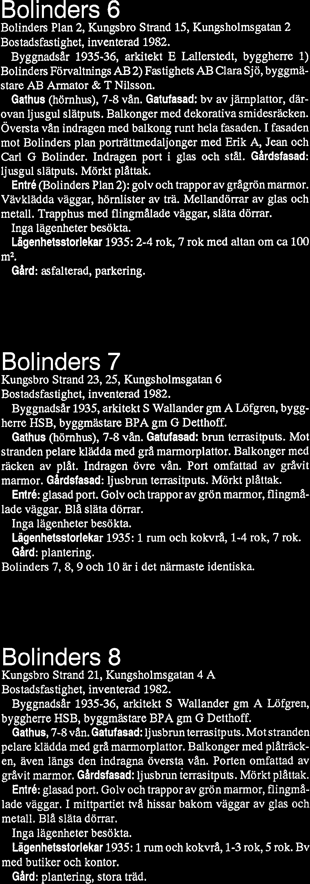 Bolinders 6 Bolinders Plan 2, Kungsbro Strand 15, Kungsholmsgatan 2 Bostadsfastighet, inventerad 1982.