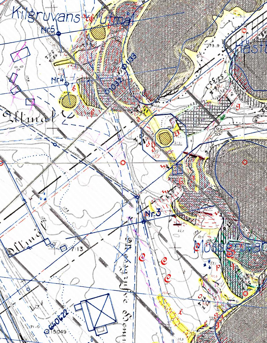 Figur 22. Området mellan Risbergs Konstschakt och Maskinhuset med överlägg i blåkopia som visar kontrollborrhål i området.