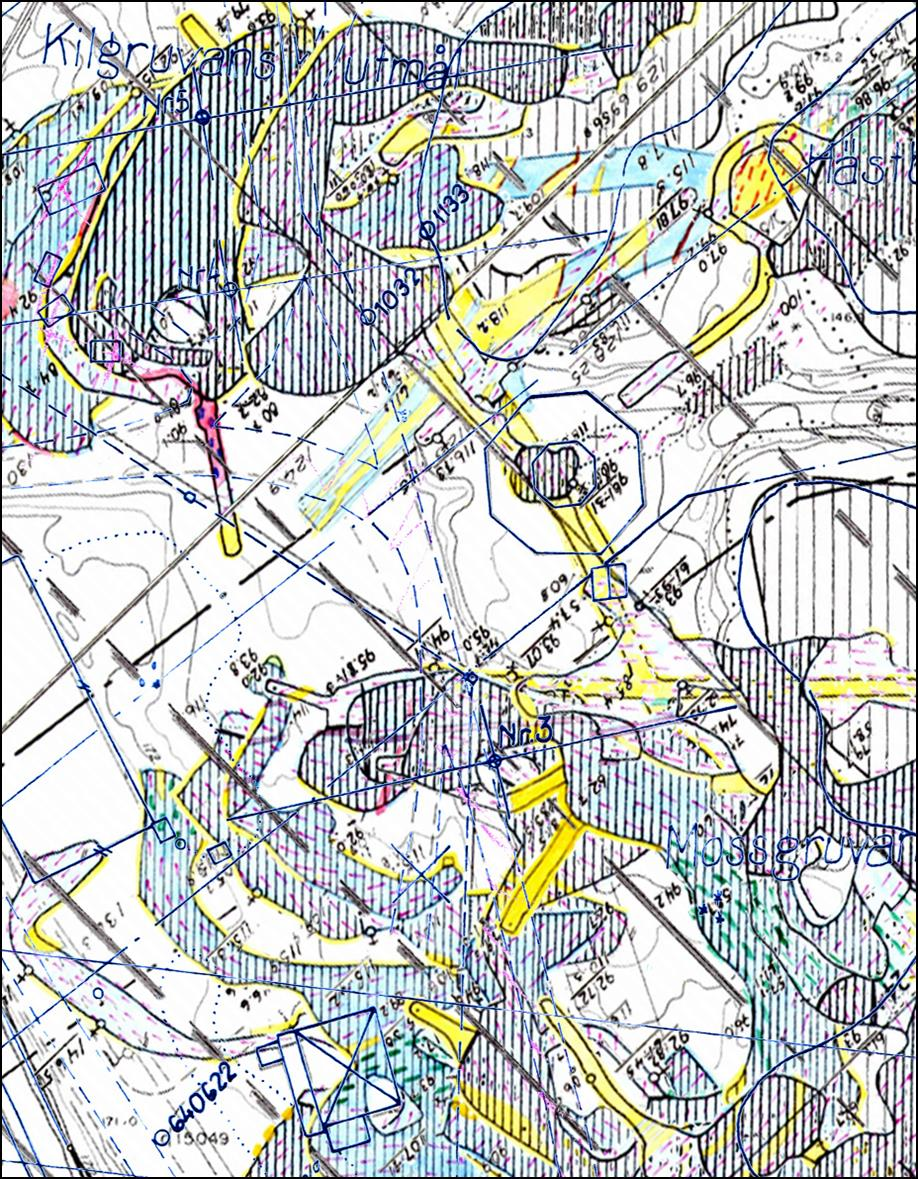 Figur 23. Området mellan Risbergs Konstschakt och Maskinhuset med överlägg i blåkopia som visar kontrollborrhål i området.