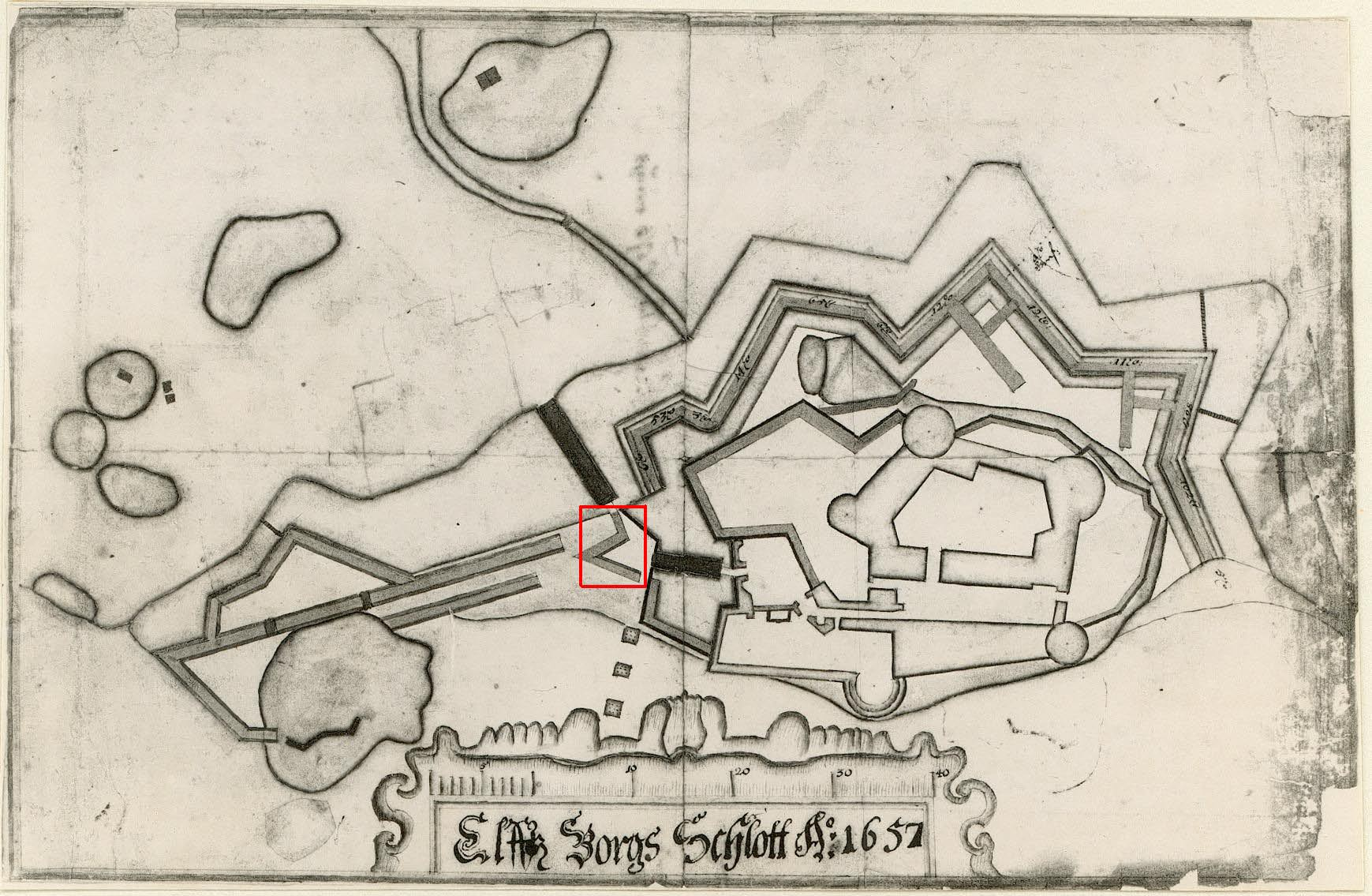 Gamla Älvsborg - Yttre befästningsverk Fig. 4. Planritning över Älvsborg från 1657 med undersökningsområdet ungefärligt markerat (GSM - arkiv).