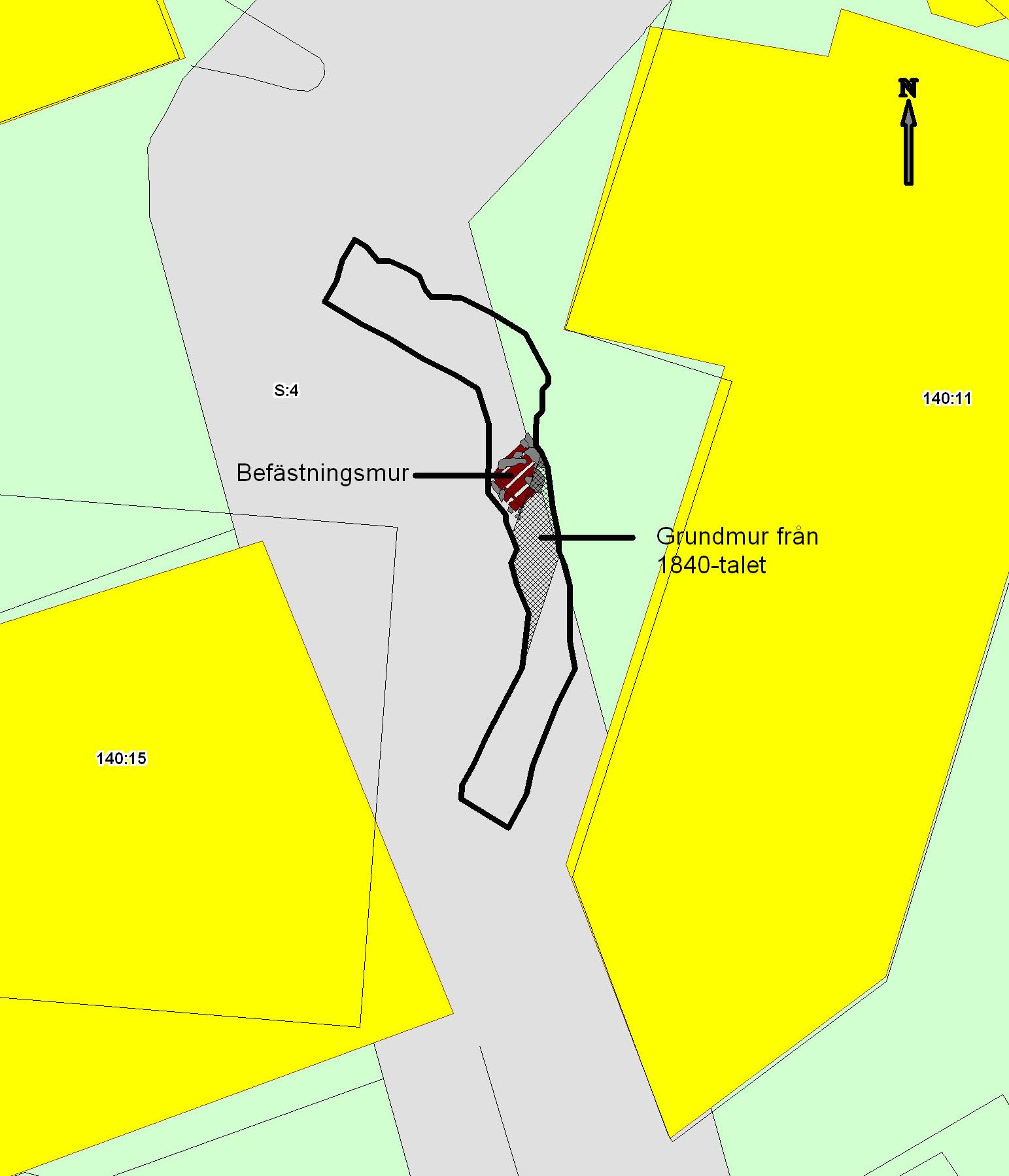 Göteborgs Stadsmuseum Fig. 5. Planritning över schaktet, skala 1:300. Centralt i schaktet iakttogs att antal lager hörande till fästningstid, L5 och L6.