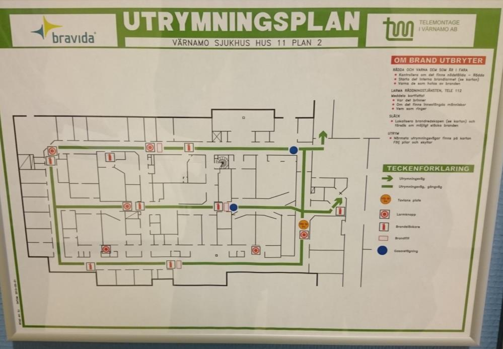Figur 3. Röntgenavdelningens utrymningsplan. Vid brand har all personal gemensamt ansvar att utrymma och se till att ingen är kvar i avdelningen.