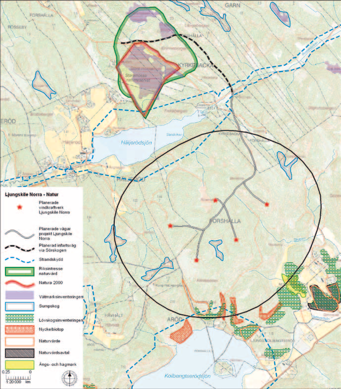 Illustration 15. På kartan visas den planerade vindparken samt utpekade naturmiljöer i vindområdet och dess omgivning. påverkan på naturvärdena finns beskriven i bilaga 7.