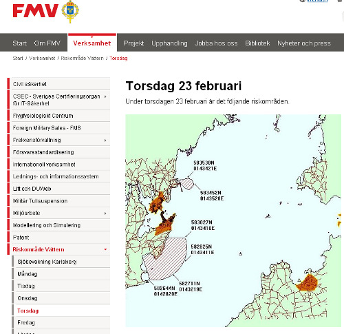 Figur 4. På FMV s hemsida informeras om pågående nyttjande av riskområden i Vättern. Under 2011 påbörjades bygget av Naturum vid Tåkern.