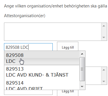 Ange organisation/enhet För varje enhet man lägger upp kommer det skapas en