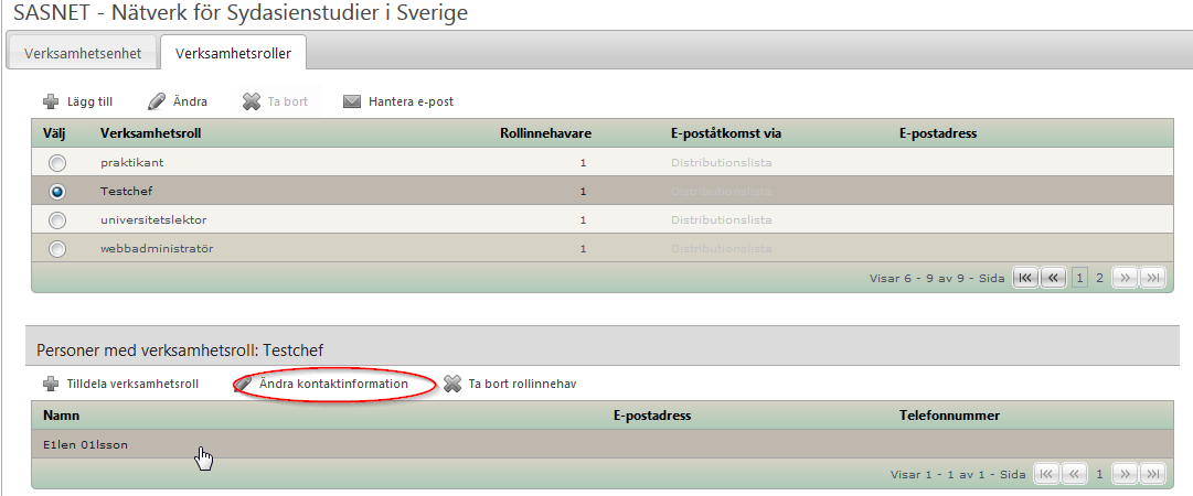 2.8.2.7 Ändra kontaktinformation För att ändra kontaktuppgifter för en redan tilldelad verksamhetsroll, markera verksamhetsrollen och den person som man vill ändra uppgifterna för och