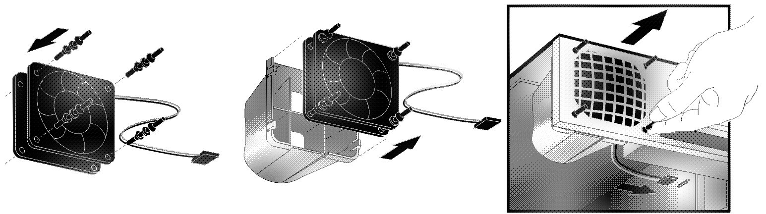 6 Sätt fast den nya ventilationsenheten på den nya fläkten. 7 Passa in fläkten och sätt i den i PC:n.