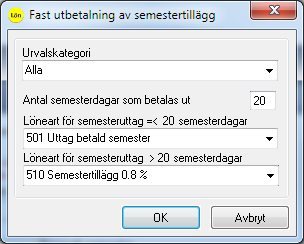 För att kunna använda funktionen Fast utbetalning av semestertillägg måste du göra inställningar under menyn Arkiv - Inställningar fliken Semester.