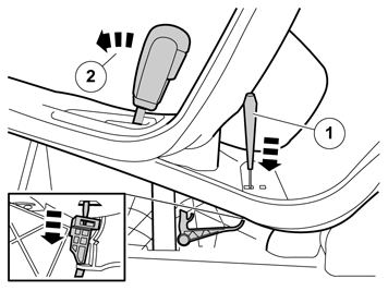 98 Frigör shift-lock funktionen. Placera växelspaken i läge "D". IMG-296140 99 IMG-282545 100 Gäller alla bilar Bänd försiktigt loss mittkonsolens panel.