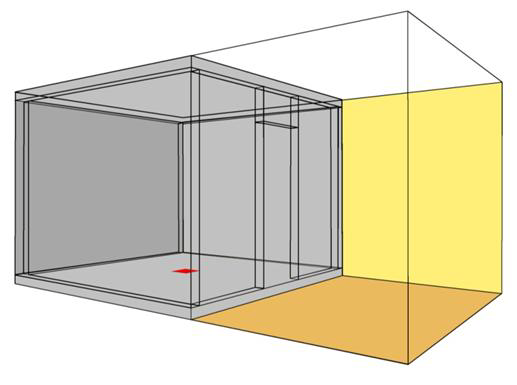 Scenario- och beräkningsförutsättningar Figur 5:1 Geometri, scenario A. Brandens placering markerad i rött. 5.2 Scenario B För scenario B användes ett fiktivt atrium för att utvärdera kapaciteten av en tänkt brandgasventilation.