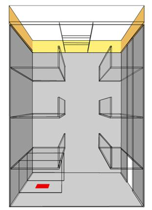 Scenario- och beräkningsförutsättningar Figur 5:2 Geometri, scenario B. Brandens placering markerad i rött. 5.3 Gemensamma förutsättningar Modelleringstiden för samtliga deluppsättningar av scenario A och scenario B valdes till 600 sekunder.