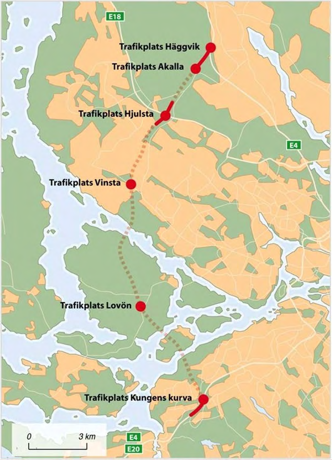 Förbifart Stockholm Längd: Tunnel: Restid: Antal körfält: Trafikplatser: drygt 21 km drygt 18 km ca 15 min tre i vardera riktning