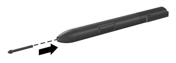 Penna- och kommandokontroller (bara Tablet PC-modeller) Byta pennspets Använd klämman som medföljer pennan för att ta bort den använda spetsen. Så här tar du bort den använda pennspetsen: 1.