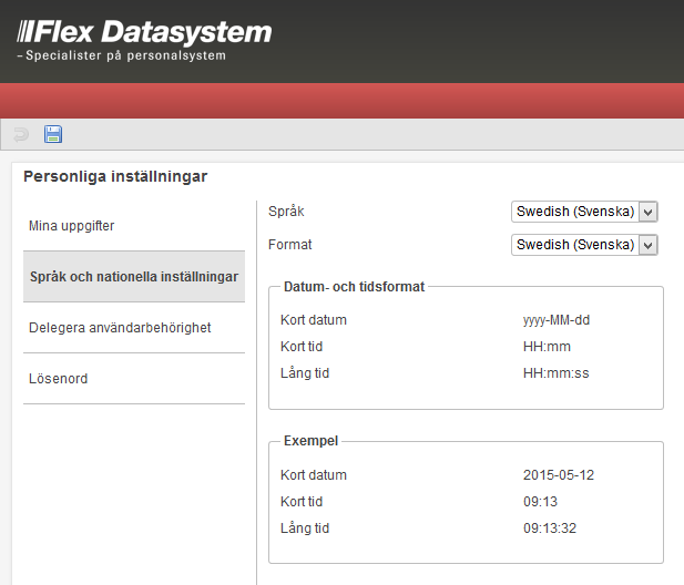 Flex HRM Time Användarmeddelande (maj 2015) 24 Om du använder Flex HRM tillsammans med FLEX Lön och har en programlänk till FLEX Löns API så kommer de uppgifter användaren ändrar under Mina uppgifter