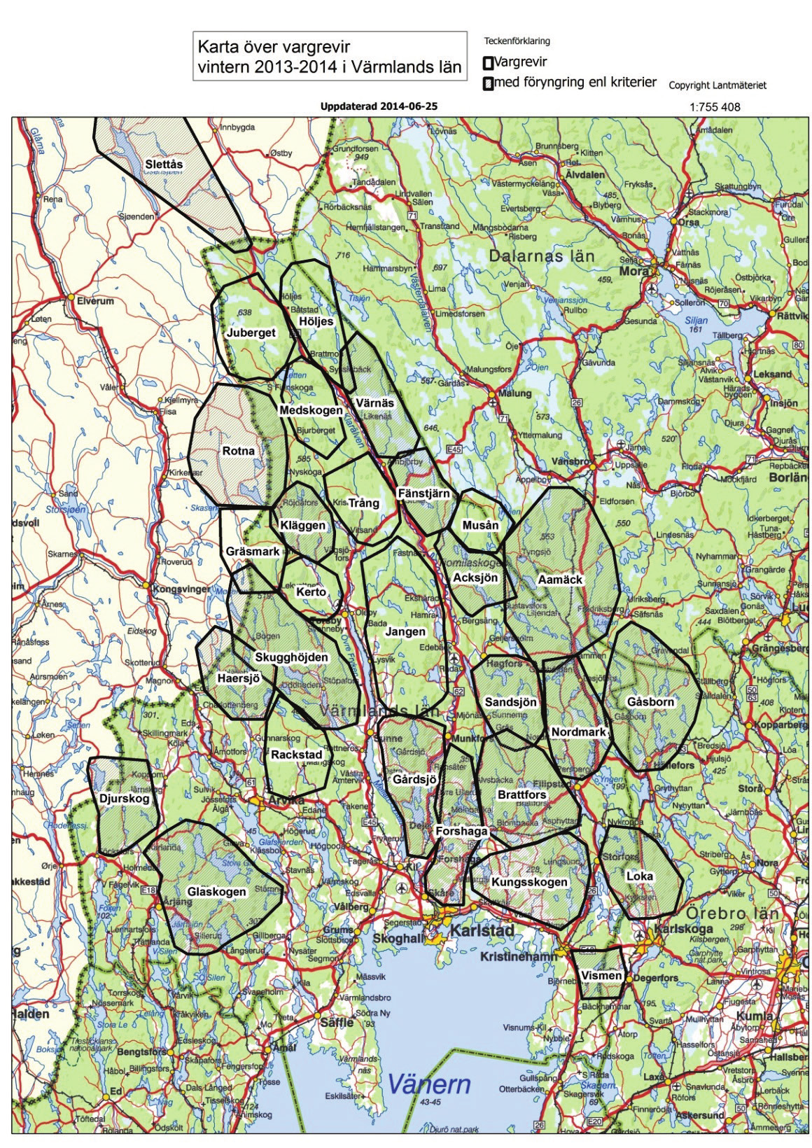 LÄNSSTYRELSEN VÄRMLAND 3.1 Karta Utifrån spårningar och DNA-prover uppskattar Länsstyrelsen vargrevirens ungefärliga utbredning. Det är den uppskattning som ligger till grund för kartan nedan.