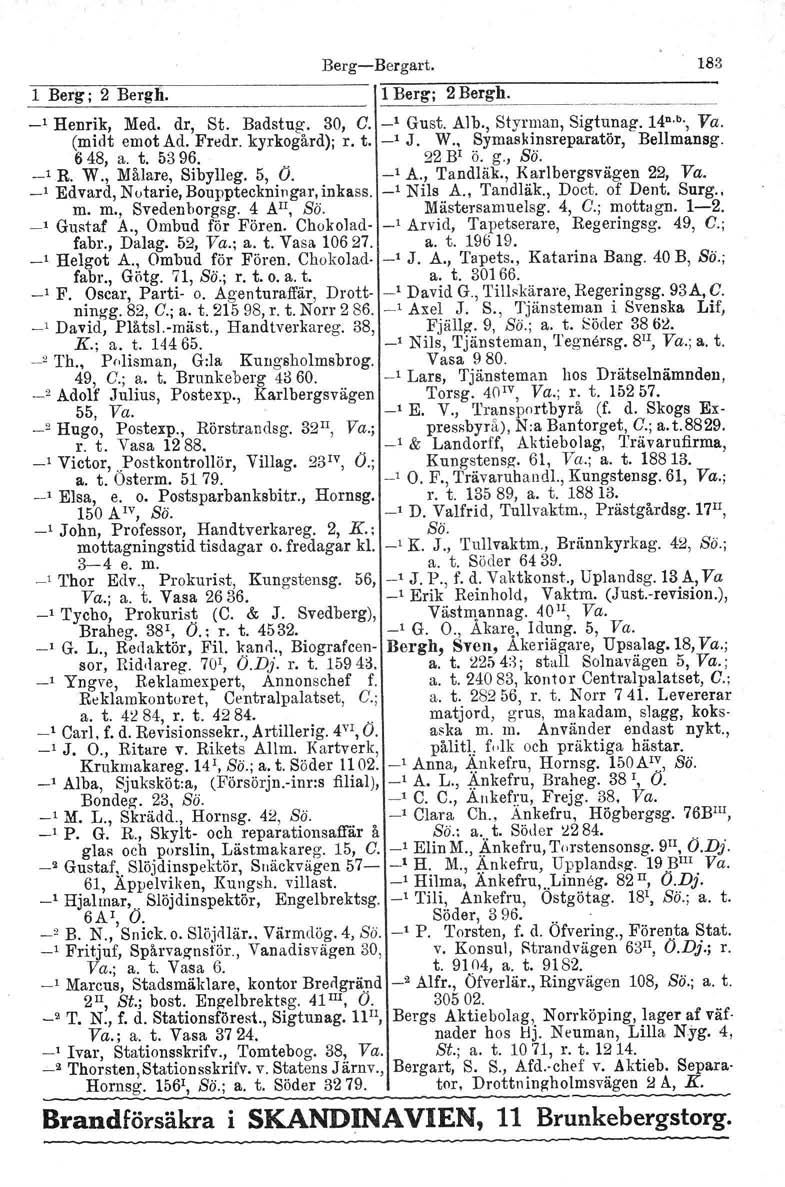 1 Berg; 2 Bergli. BergBergart. 1 Berg; 2 Bergh. _..~ _1 Henr~k, Med. dr, St. Badstug. 30, C. _1 Gust. Alb., Styrman, Sigtunag. 14 D. b., Va. (midt emot Ad. Fredr. kyrkogård): r. t. _1 J. W.
