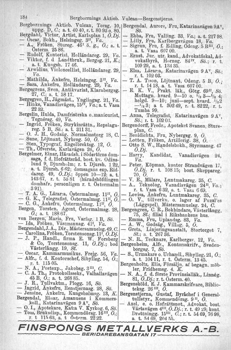 184 Bergborrnings ~ktieb. VulcanBergenstjerna. Bergborrnings Aktieb. Vulcan, Torsg. 10, Bergendal. Aurore, Fru, Katarinavägen 9AV, uppg, D, C.; a. t. 4040, r. t. 80 9i:10.80. Sö.