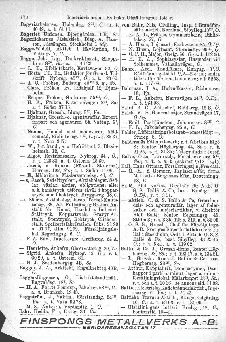 170 BageriarbetarenBaltiska Utställningens lotteri. Bageriarbetaren, Uplandsg. 2 11, C.j r. t. von Bahr, Nils, Civiling., Insp, i Brandför 4049, a. t. 6111. säkr.aktieb.norrland,sibylleg.13iii, O.