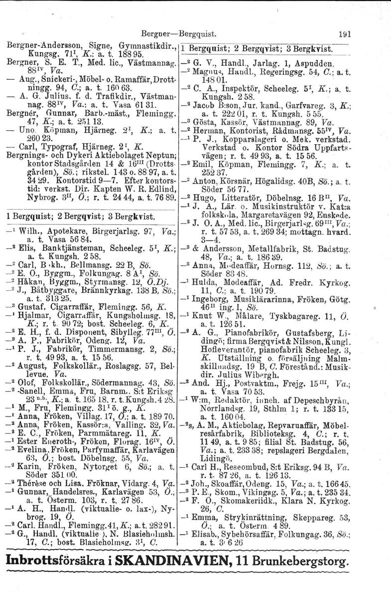 BergnerBergquist. 191 BergnerAndersson, Signe, Gymnastikdir., Kungsg. 711, K.: a. t. 18895. 1 Bergquist; ~fbergqvist;..~~~ 3 Bergkvist. Bergner. S. E. T., Med. lic., Västmannag. _2 G. V., Hand!