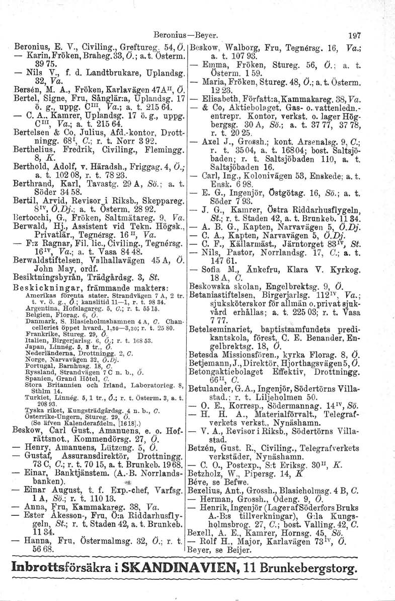 Beronius Beyer. Beronius, E. V., Civiling., Greftureg. 54, O. Karin, Fröken, Braheg. 33, O.; a. t. Osterm. 3975. Nils V., f. d. Landtbrukare, Uplandsg. 32, Va.. Bersen, M. A.