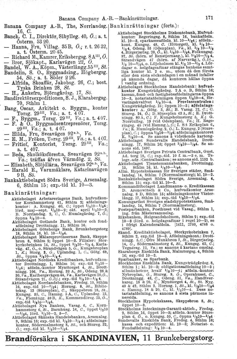 Banana Company A.B.Bankinrättningar. Banana Company A.B., The, Norrlandeg. Bankinrättningar (forts.): 16, G. Aktiebolaget Stockholms Diskontobank, Hufvudkontor: Regeringsg. 8, Sthlm 16, bankafdeln.