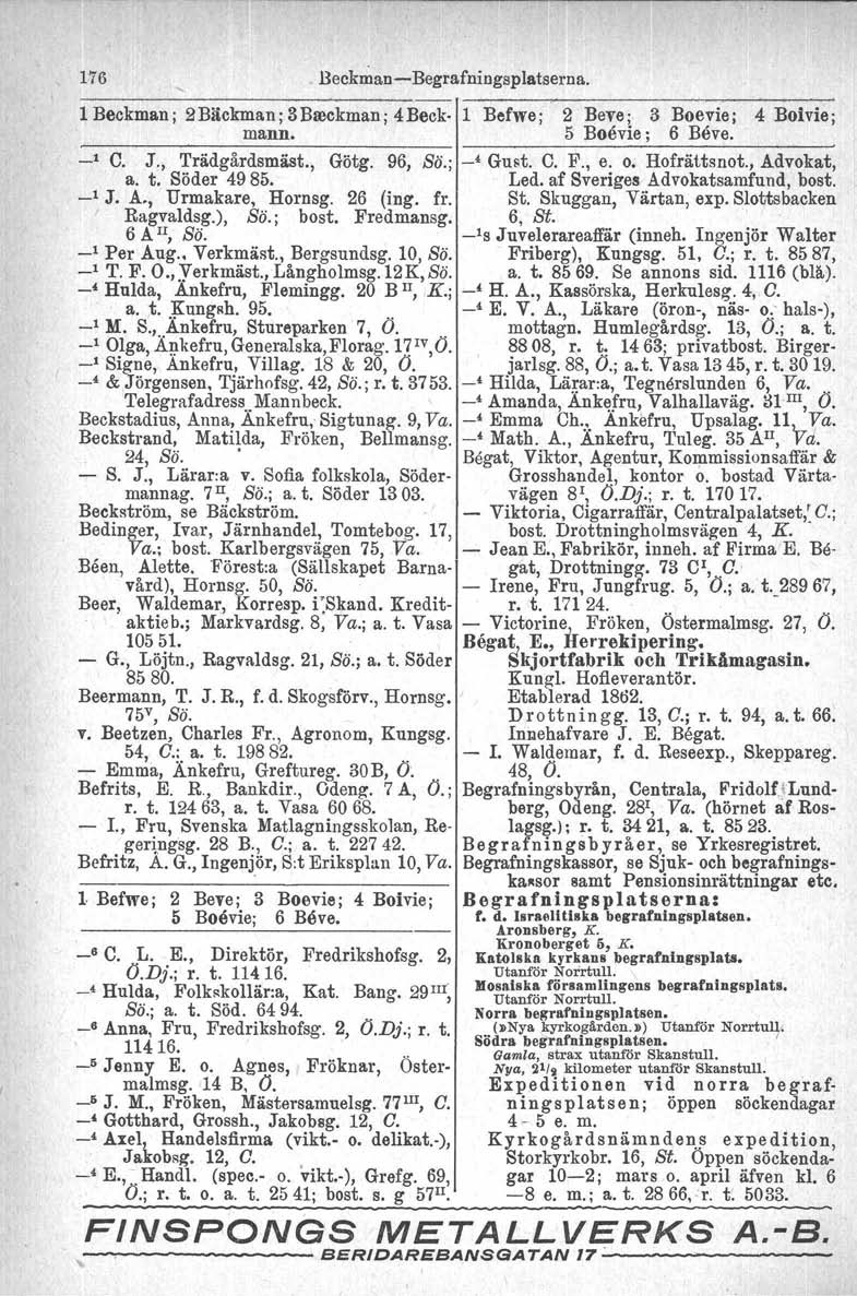 o... Aronsberg, 176 Beckman Begrafningsplatserna. l Beckmani 2Bäckman; 3 Brockmani 4Beck l Befwe; 2 Beve; 3 Bnevie ; 4 Boivie; mann, 5 Boevie; 6 Beve. _1 C. J., Trädgårdsmäst., Götg. 96, ss; _1 Guat.