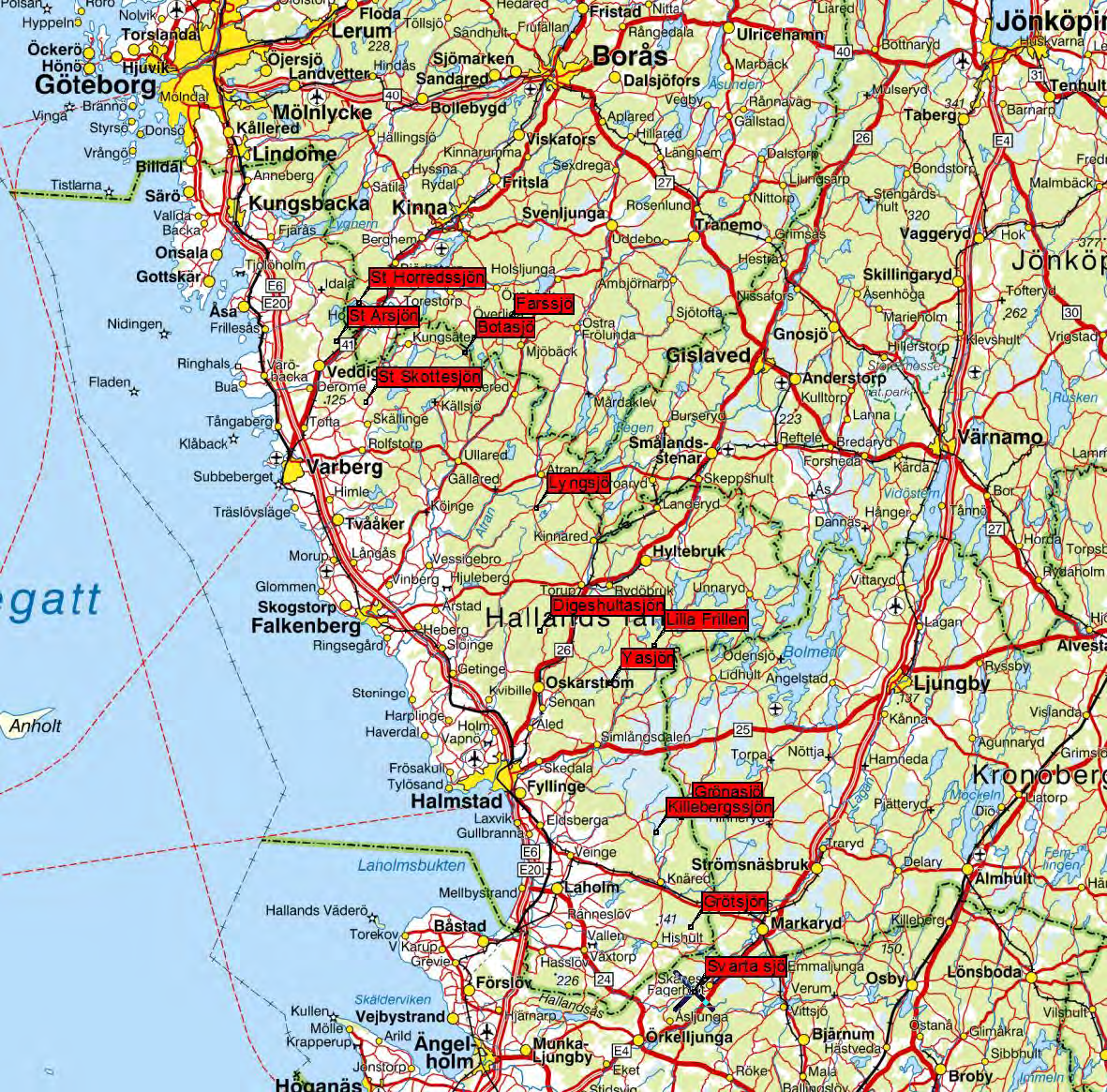 Nätprovfiske i Hallands län. En biologisk effektuppföljning av 3 kalkade sjöar. Figur. Provfiskade sjöar i Halland och Skåne län (Svarta sjö belägen i Skåne län).