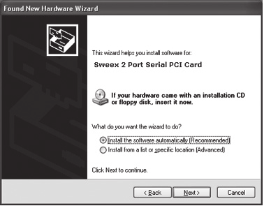 Välj alternativet No, not this time (Nej, inte nu) och tryck på Next (Nästa). Välj Install the software automatically (Installera programvaran automatiskt) och klicka på Next (Nästa).