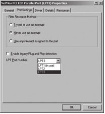 Följande skärmbild visas: Välj fliken Port settings (Portinställningar). Här kan du granska eller ändra din LPT-port.