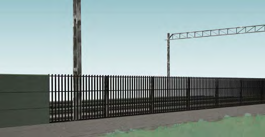 4.1 DELUTFORMNINGAR - AVGRÄNSNING MOT BANOMRÅDET Stängsel och staket Stängsel placeras som tillträdesskydd i lägen utanför stationsmiljöer där bullerskärmar ej krävs enligt bullerutredningen.