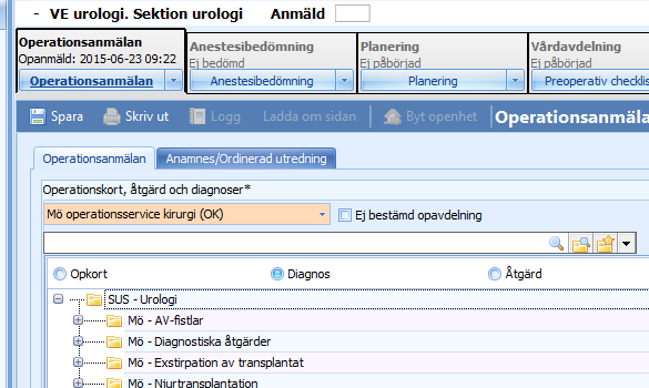 Diagnos- och åtgärdskoder i opanmälan, Orbit 5 När en ny operationsanmälan upprättas ska såväl operationsavdelning som lämpligt operationskort anges i anmälan.