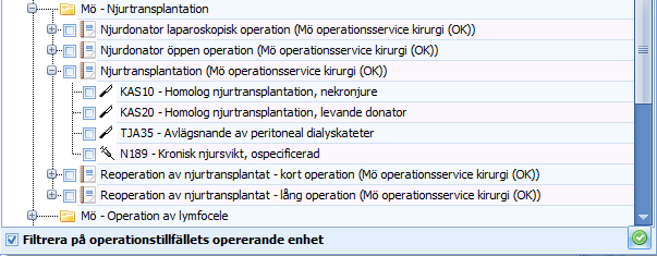 Genom att ange en operationsavdelning får du tillgång till de operationskort som den opererande enheten (här VE urologi) har upplagda på vald operationsavdelning.