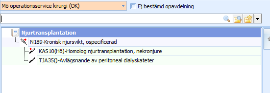 Primär diagnos- respektive åtgärdskod är markerade med en röd romb. Primärkodsmarkeringen kan korrigeras genom att markera en annan kod, högerklicka på muspekaren och välja Sätt som primär.