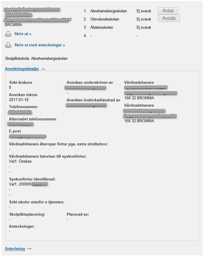 Ansökningsdetaljer Följande kan presenteras på respektive elevs ansökan (beroende av vårdnadshavarens uppgivna information): - Flaggning finns för Kommun (elev bor utanför kommunen), Ålder (eleven