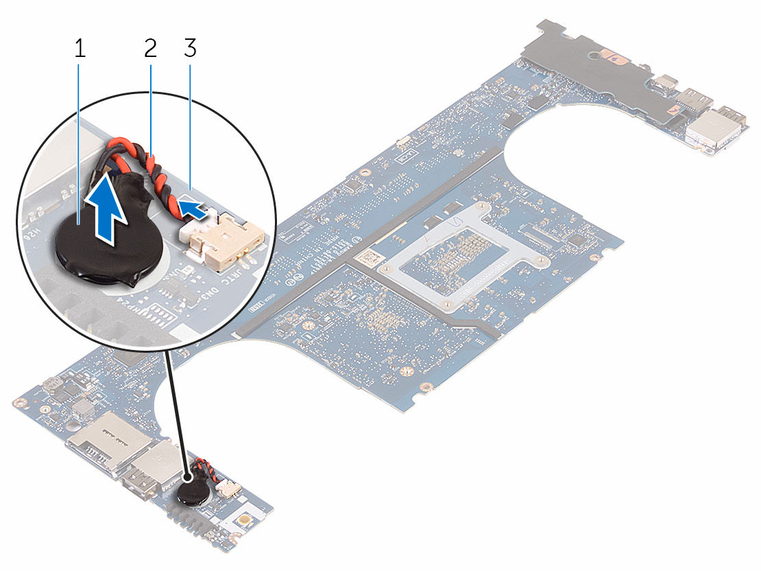 3 Observera placeringen av knappcellsbatteriet och bänd loss det från moderkortet. Figur 25.