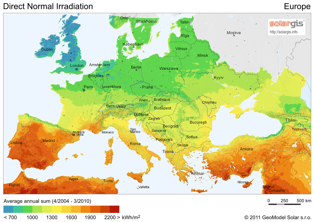 SOLENERGI I SVENSKT KLIMAT I jämförelse med länder runt medelhavet är den årliga solstrålningen av direkt solljus i Sverige ungefär hälften så stor. Figur 3.