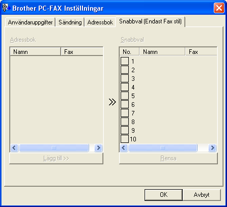 Brother PC-FAX-program (endast för MFC-modeller) Ställa in snabbval 5 I dialogrutan Brother PC-FAX Inställningar ska du klicka på fliken Snabbval.